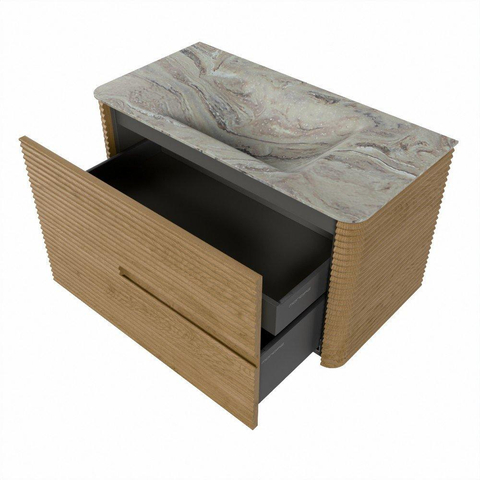 Mondiaz CIRO-DLUX Meuble de salle de bains - 90x45x50cm - lavabo solid surface Glace - 1 vasque centrale - sans trous de robinetterie - 2 tiroirs - chêne SW1530852