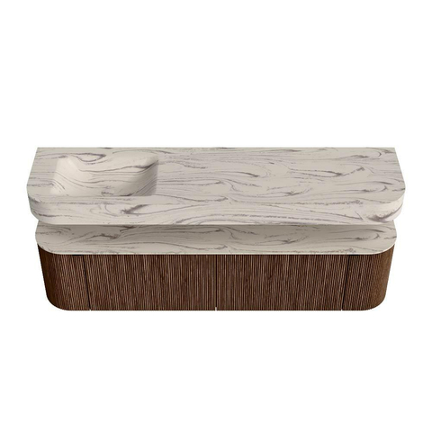 MONDIAZ THOR-DLUX 180cm meuble de salle de bains arrondi gauche + droite couleur Walnut avec 2 tiroirs et 2 portes. Vasque suspendue CLOUD Gauche 1 trou de robinet couleur Nata. SW1466194