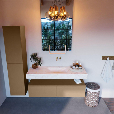 Mondiaz ALAN-DLUX Ensemble de meuble - 130cm - meuble Oro mat - 2 tiroirs - Lavabo Cloud Ostra suspendu - vasque Centre - 0 trous de robinet SW807657