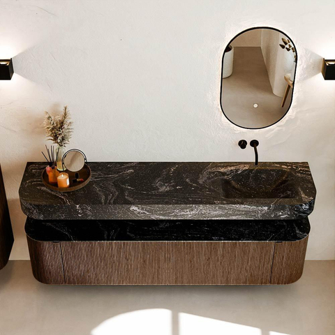 MONDIAZ THOR-DLUX 190cm badmeubel ronding links + rechts kleur Walnut met 2 lades en 2 deuren. Vrijhangende wastafel CLOUD Rechts zonder kraangat kleur Lava. SW1466414