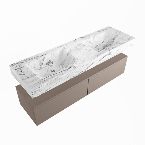 Mondiaz ALAN-DLUX Ensemble de meuble - 150cm - meuble Smoke mat - 2 tiroirs - Lavabo Cloud Glace suspendu - vasque Gauche et droite - 2 trous de robinet SW805890