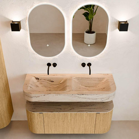 MONDIAZ THOR-DLUX 120cm meuble de salle de bains arrondi gauche + droite couleur Chêne avec 1 tiroir et 2 portes. Vasque suspendue CLOUD Double sans trou de robinet couleur Arena. SW1463387