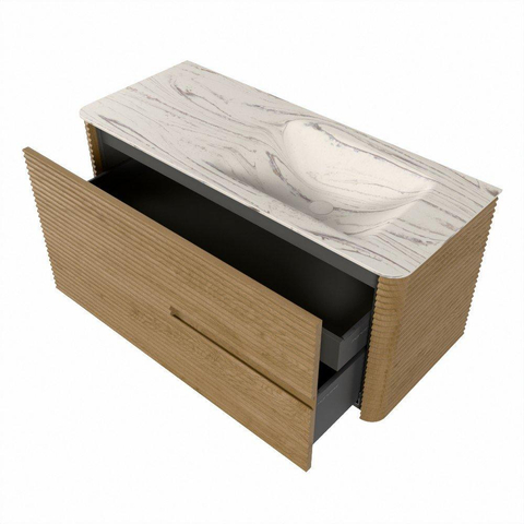 Mondiaz CIRO-DLUX Badkamermeubelset - 110x45x50cm - Solid surface wastafel Nata - 1 wasbak Rechts - 1 kraangat - 2 lades - Oak SW1531444