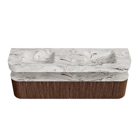 MONDIAZ THOR-DLUX 190cm badmeubel ronding links + rechts kleur Walnut met 2 lades en 2 deuren. Vrijhangende wastafel CLOUD Dubbel zonder kraangat kleur Glace. SW1466410