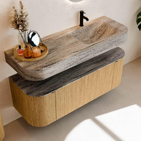 MONDIAZ THOR-DLUX 130cm meuble de salle de bains arrondi gauche + droite couleur Oak avec 1 tiroir et 2 portes. Vasque suspendue CLOUD Droite 1 trou de robinet couleur Oza. SW1464001