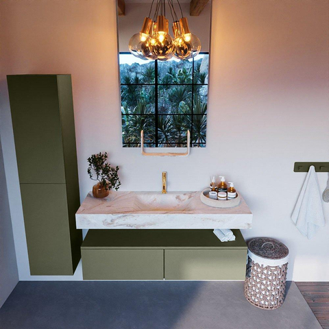 Mondiaz ALAN-DLUX Ensemble de meuble - 130cm - meuble Army mat - 2 tiroirs - Lavabo Cloud Frappe suspendu - vasque Centre - 1 trou de robinet SW804731