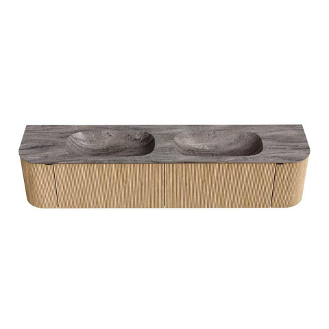 MONDIAZ KURVE-DLUX 200cm badmeubel ronding Links + Rechts kleur Oak met 2 lades en 2 deuren. Wastafel STOR SMALL Dubbel zonder kraangat Oza. SW1432688