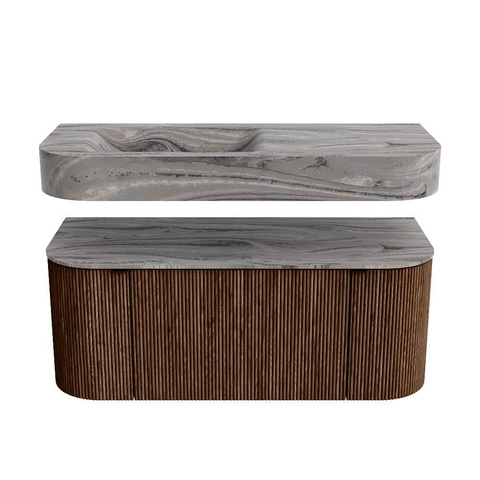 MONDIAZ THOR-DLUX Meuble de salle de bains 110cm arrondi gauche + droite couleur Walnut avec 1 tiroir et 2 portes. Vasque suspendue CLOUD Gauche 1 trou de robinet couleur Sombra. SW1463030