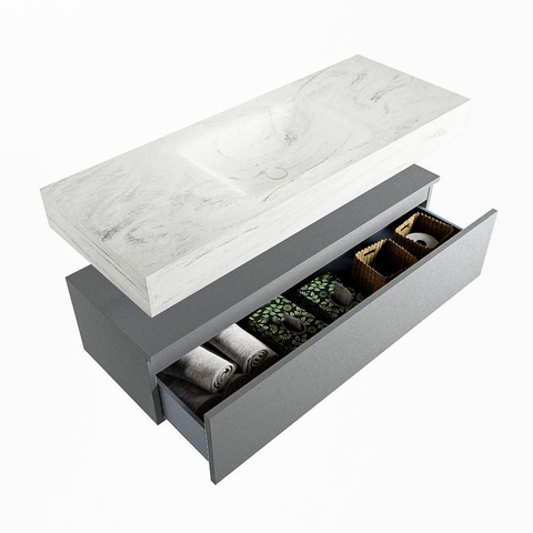 Mondiaz ALAN-DLUX Ensemble de meuble - 120cm - meuble Plata mat - 1 tiroir - Lavabo Cloud Opalo suspendu - vasque Centre - 0 trous de robinet SW807014