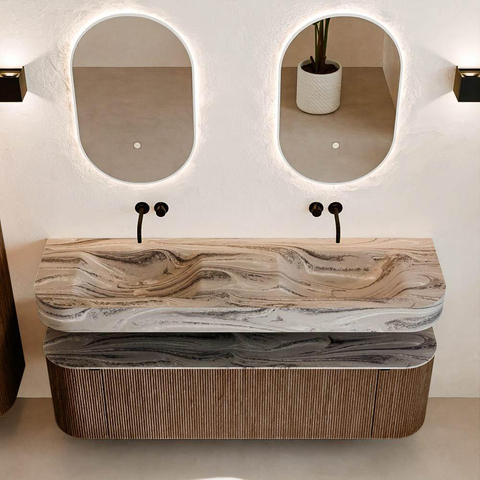 MONDIAZ THOR-DLUX Meuble de salle de bains 160cm arrondi gauche + droite couleur Walnut avec 1 tiroir et 2 portes. Vasque suspendue CLOUD Double sans trou de robinet couleur Sombra. SW1465399