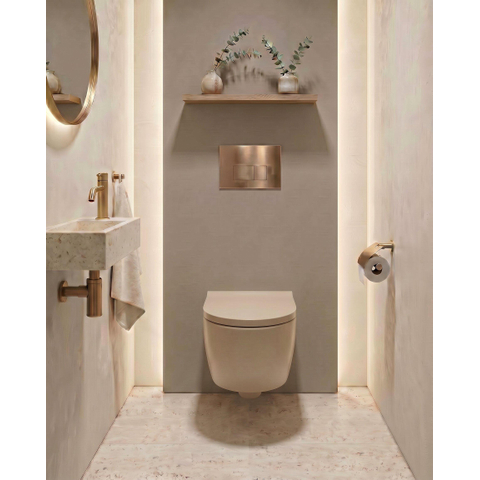 QeramiQ Dely Toiletset - 36.3x51.7cm - diepspoel - rimless - Geberit UP720 inbouwreservoir - softclose toilet zitting 35 mm - koperen bedieningsplaat - rechthoekige knoppen - mat beige SW1427085