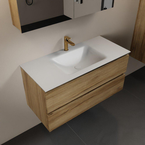 Mondiaz Aivy badmeubelset - 100x45x50cm - 1 kraangat - 1 wasbak talc Solid surface - Midden - 2 lades - Met spiegelkast - Melamine Chai SW892267