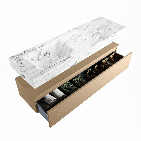 Mondiaz ALAN-DLUX Ensemble de meuble - 150cm - meuble Oro mat - 1 tiroir - Lavabo Cloud Glace suspendu - vasque Gauche - 1 trou de robinet SW806143