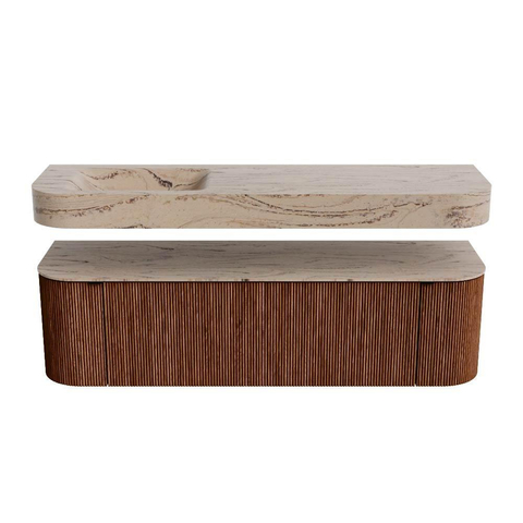 MONDIAZ THOR-DLUX 160cm meuble de salle de bains arrondi gauche + droite couleur Ruby avec 1 tiroir et 2 portes. Vasque suspendue CLOUD Gauche 1 trou de robinet couleur Arena. SW1465127