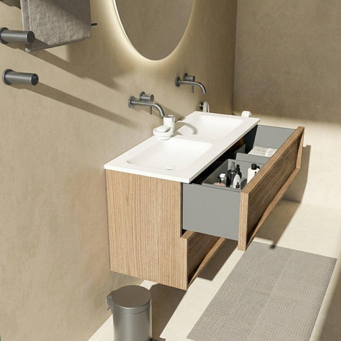 Saniclass Holz Frame Ensemble meuble de salle de bains - 120x45x77.5cm - lavabo Torino en solid surface blanc - sans trou de robinet - 2 tiroirs - chêne natural mat (bois) SW1579921