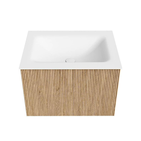 MONDIAZ KURVE Meuble de salle de bains 60 cm couleur Oak avec 1 tiroir. Lavabo CLOUD central sans trou de robinet Talc. SW1138124