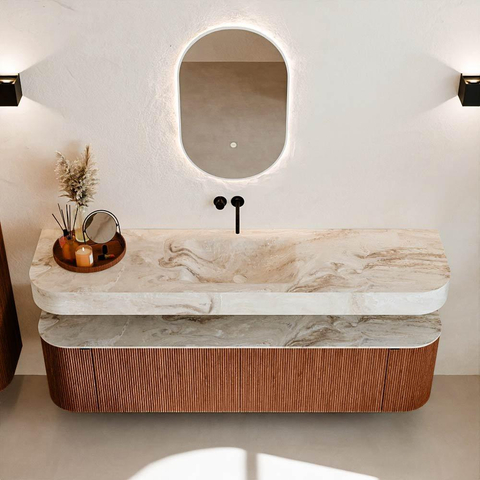 MONDIAZ THOR-DLUX 180cm meuble de salle de bains arrondi gauche + droite couleur Ruby avec 2 tiroirs et 2 portes. Vasque suspendue CLOUD Centre sans trou de robinet couleur Frappe. SW1466026
