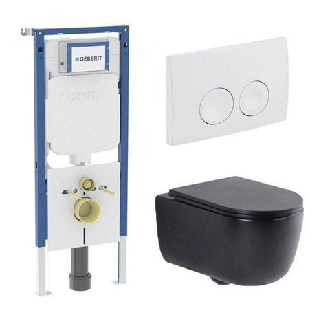 QeramiQ Dely Swirl Ensemble WC - 36.5x53cm - réservoir encastré Geberit UP720 Duofix Sigma - abattant fin - plaque de commande Delta blanche - boutons ronds - noir mat SW1420734