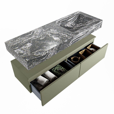 Mondiaz ALAN-DLUX Ensemble de meuble - 130cm - meuble Army mat - 2 tiroirs - Lavabo Cloud Lava suspendu - vasque Droite - 1 trou de robinet SW808460