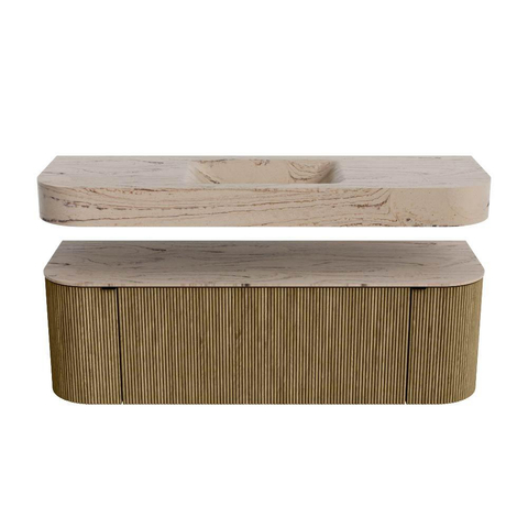MONDIAZ THOR-DLUX 140cm meuble de salle de bains arrondi gauche + droite couleur Dusk avec 1 tiroir et 2 portes. Vasque suspendue CLOUD Milieu 1 trou de robinet couleur Arena. SW1464379