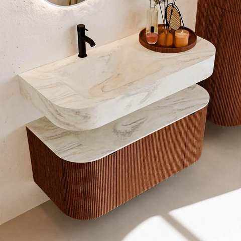 MONDIAZ THOR-DLUX 100cm meuble de salle de bains arrondi gauche + droite couleur Ruby avec 1 tiroir et 2 portes. Vasque suspendue CLOUD Gauche 1 trou de robinet couleur Ostra. SW1467426