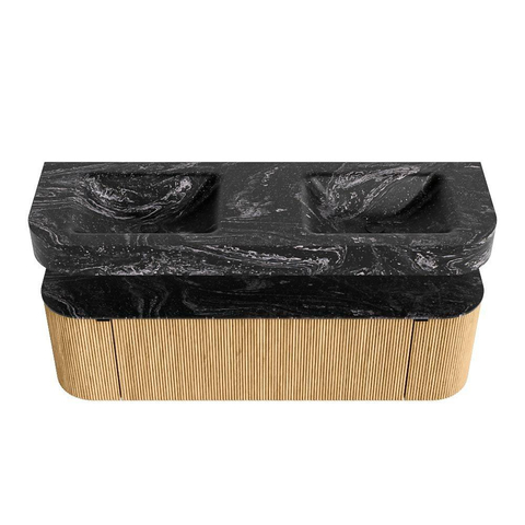 MONDIAZ THOR-DLUX 150cm badmeubel ronding links + rechts kleur Oak met 1 lade en 2 deuren. Vrijhangende wastafel CLOUD Dubbel zonder kraangat kleur Lava. SW1464621