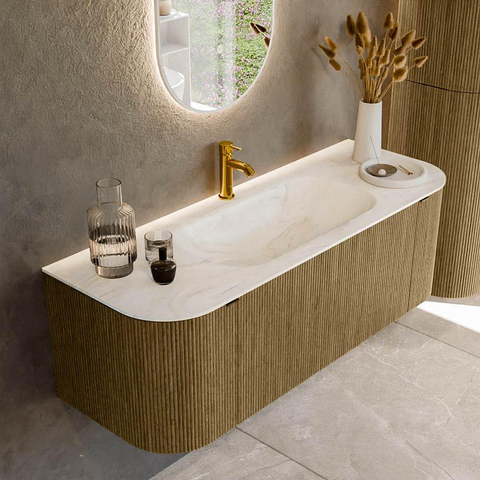 Mondiaz KURVE-DLUX Ensemble de meuble de salle de bains - 130x46x40cm - 1 tiroir - 2 portes - lavabo solid surface - central - 1 trou de robinet - Dusk SW1415142