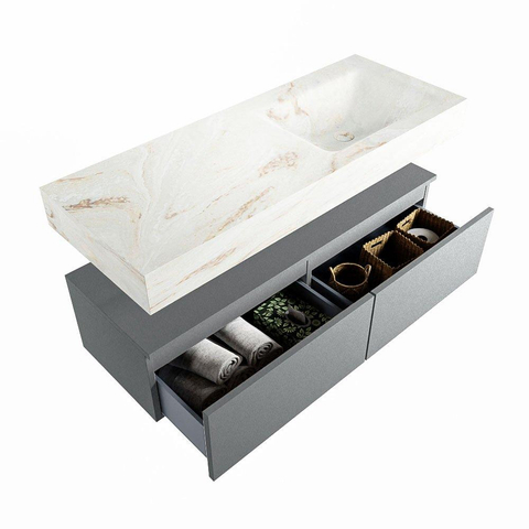 Mondiaz ALAN-DLUX Ensemble de meuble - 120cm - meuble Plata mat - 2 tiroirs - Lavabo Cloud Frappe suspendu - vasque Droite - 0 trous de robinet SW805328