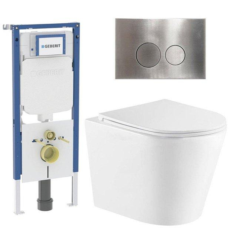 QeramiQ Dely Toiletset - 36.3x51.7cm - diepspoel - rimless - Geberit UP720 inbouwreservoir - softclose toiletzitting - steel bedieningsplaat - ronde knoppen - met Burda frame - mat wit SW1428759