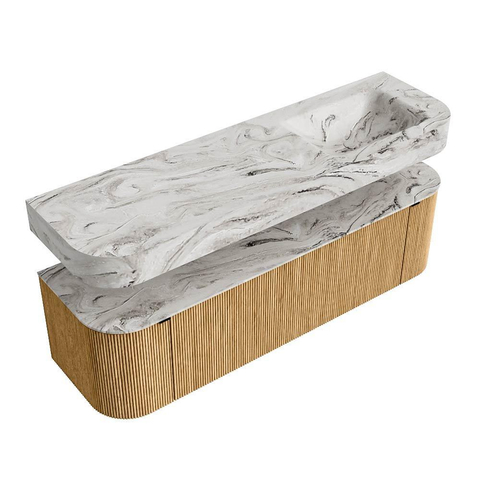 MONDIAZ THOR-DLUX 160cm badmeubel ronding links + rechts kleur Oak met 1 lade en 2 deuren. Vrijhangende wastafel CLOUD Rechts zonder kraangat kleur Glace. SW1464939