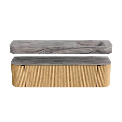 MONDIAZ THOR-DLUX 170cm badmeubel ronding links + rechts kleur Oak met 1 lade en 2 deuren. Vrijhangende wastafel CLOUD Rechts zonder kraangat kleur Sombra. SW1465857