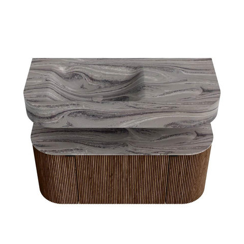 MONDIAZ THOR-DLUX 100cm meuble de salle de bains arrondi gauche + droite couleur Walnut avec 1 tiroir et 2 portes. Vasque suspendue CLOUD Gauche 1 trou de robinet couleur Sombra. SW1467727