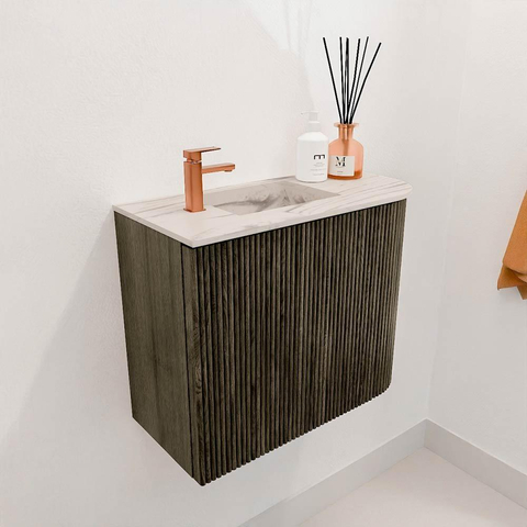 Mondiaz JOYA-DLUX Meuble de salle de bains 51.6cm - arrondi droit couleur Shadow - Vasque FAYE position Gauche 1 trou de robinet couleur Nata. SW1424966