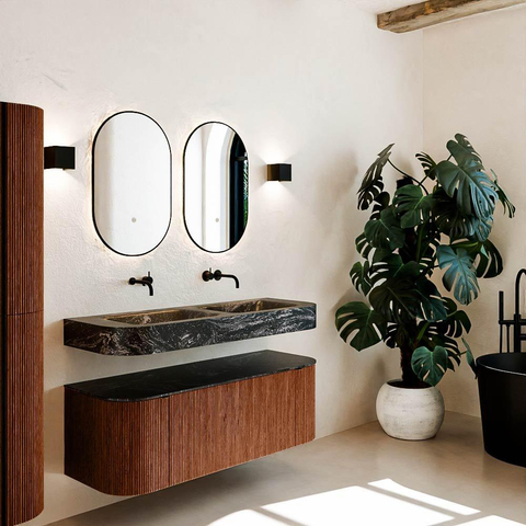 MONDIAZ THOR-DLUX Meuble de salle de bains 130cm arrondi gauche + droite couleur Ruby avec 1 tiroir et 2 portes. Vasque suspendue CLOUD Double sans trou de robinet couleur Lava. SW1463698