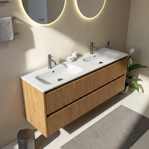 Saniclass Holz Atelier Badkamermeubelset - 160x45x61.5cm - Flow solid surface wastafel wit - 2 wasbakken - 2 kraangaten - 4 lades - mat eiken natural (hout) SW1478453
