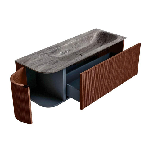 MONDIAZ KURVE-DLUX Meuble de salle de bains 125cm arrondi à gauche couleur Ruby avec 1 tiroir et 1 porte. Lavabo BIG MEDIUM à droite sans trou de robinet Oza. SW1432790