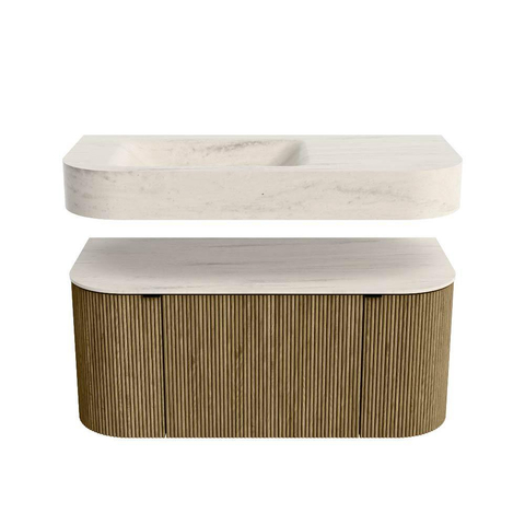 MONDIAZ THOR-DLUX Meuble de salle de bains 100cm arrondi gauche + droite couleur Dusk avec 1 tiroir et 2 portes. Vasque suspendue CLOUD Gauche 1 trou de robinet couleur Meli. SW1467480