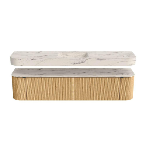 MONDIAZ THOR-DLUX 200cm meuble de salle de bains arrondi gauche + droite couleur Oak avec 2 tiroirs et 2 portes. Vasque suspendue CLOUD Milieu 1 trou de robinet couleur Nata. SW1467138