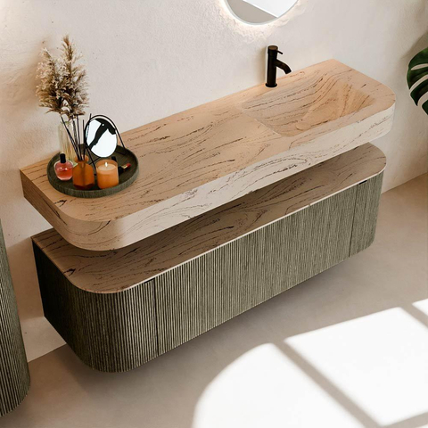 MONDIAZ THOR-DLUX 150cm meuble de salle de bains arrondi gauche + droite couleur Shadow avec 1 tiroir et 2 portes. Vasque suspendue CLOUD Droite 1 trou de robinet couleur Arena. SW1464745