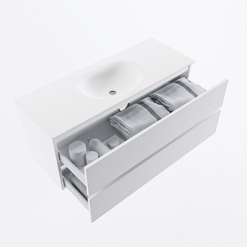 MONDIAZ VICA meuble sous lavabo 120cm Talc 2 tiroirs. Lavabo MOON centre 1 trou de robinet, couleur Talc. SW1381917