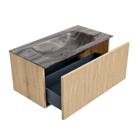 MONDIAZ KURVE-DLUX 90cm badmeubel kleur Oak met 1 lade en 0 deuren. Wastafel BIG SMALL Midden zonder kraangat Sombra. SW1433552