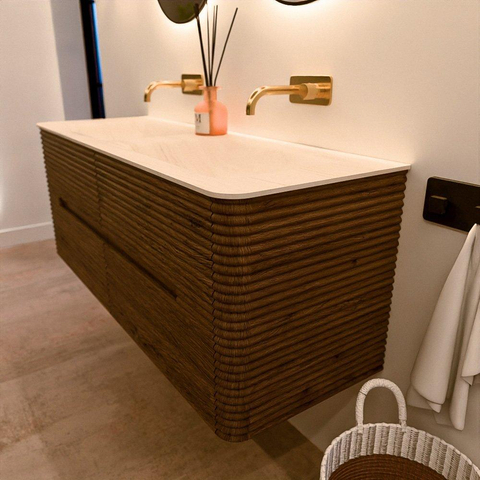 Mondiaz CIRO-DLUX Badkamermeubelset - 130x45x50cm - Solid surface wastafel Meli - 2 wasbak Dubbel - zonder kraangaten - 4 lades - Dusk SW1533160