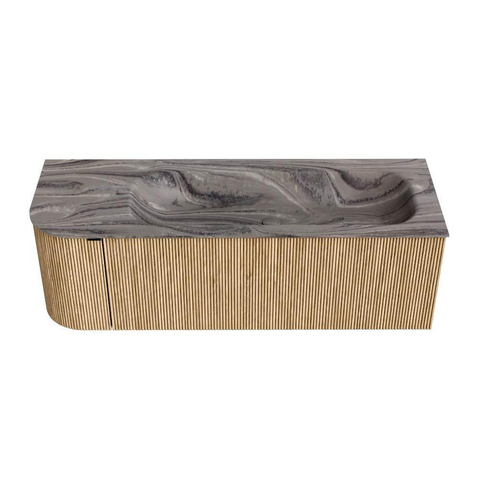 MONDIAZ KURVE-DLUX 135cm badmeubel ronding Links kleur Oak met 1 lade en 1 deur. Wastafel BIG MEDIUM Rechts zonder kraangat Sombra. SW1433582