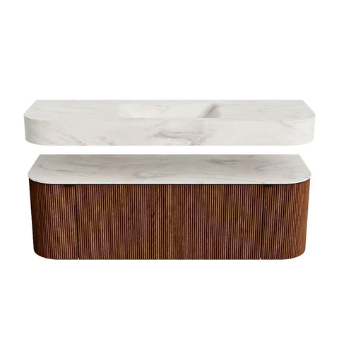 MONDIAZ THOR-DLUX 140cm meuble de salle de bains arrondi gauche + droite couleur Ruby avec 1 tiroir et 2 portes. Vasque suspendue CLOUD Milieu sans trou de robinet couleur Ostra. SW1464147