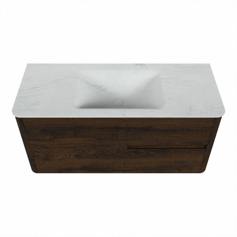 Mondiaz CIRO-DLUX Badkamermeubelset - 110x45x50cm - Solid surface wastafel Opalo - 1 wasbak Midden - zonder kraangaten - 2 lades - Walnut SW1530132