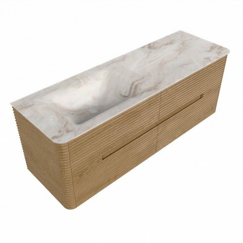 Mondiaz CIRO-DLUX Ensemble de meubles de salle de bains - 140x45x50cm - vasque en solid surface Frappe - 1 lavabo à gauche - sans trous de robinet - 4 tiroirs - Chêne SW1530787