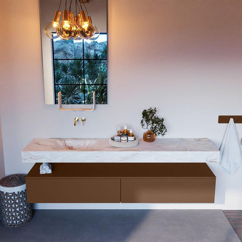 Mondiaz ALAN-DLUX Ensemble de meuble - 200cm - meuble Rust mat - 2 tiroirs - Lavabo Cloud Frappe suspendu - vasque Gauche - 0 trous de robinet SW805165