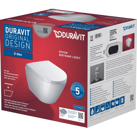 Duravit D-neo Wandclosetpack - met wandcloset - compact - diepspoel - rimless - 37x48x40cm - met verdekte bevestigigng - softclose - wit SW710694