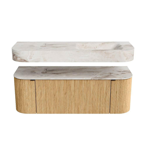 MONDIAZ THOR-DLUX 130cm meuble de salle de bains arrondi gauche + droite couleur Chêne avec 1 tiroir et 2 portes. Vasque suspendue CLOUD Droite sans trou de robinet couleur Frappe. SW1463693