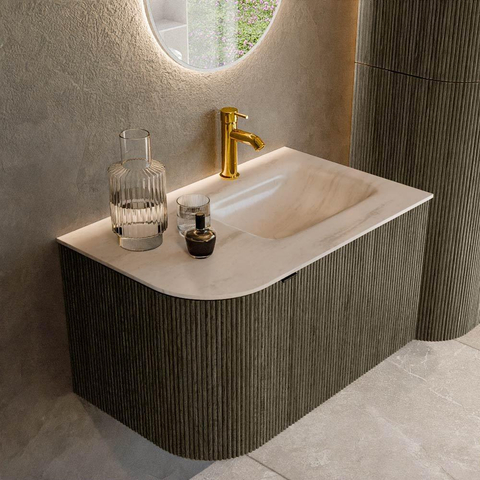 MONDIAZ KURVE-DLUX Meuble de salle de bains 75cm arrondi à gauche couleur Shadow avec 1 tiroir et 1 porte. Lavabo GRUNNE à droite 1 trou de robinet Meli. SW1431763
